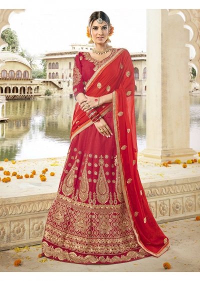 Red Art Silk Traditional Embroidered Lehenga Choli 1309