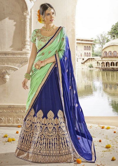 Blue Colored Embroidered Art Silk Wedding Lehenga Choli 1310