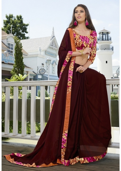 Brown Colored Border Worked Chiffon Saree 1008