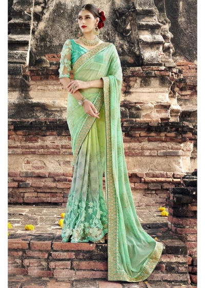 Green Colored Border Worked Crape Net Wedding Saree 1034