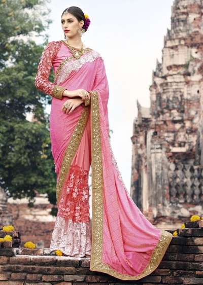 Pink Colored Embroidered Art Silk Net Georgette Wedding Saree 1035