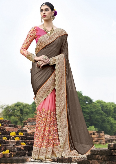 Pink Crape Half n Half Embroidered Saree 1036