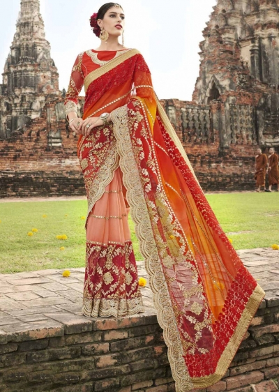 Peach Chiffon Half n Half Embroidered Saree 1038