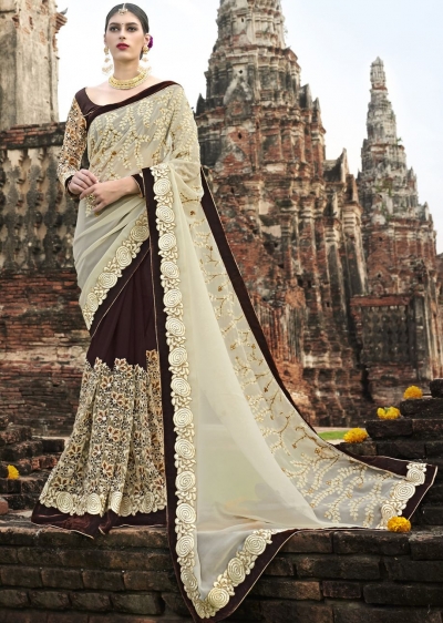 Brown Colored Embroidered Chiffon Net Partywear Saree 1039