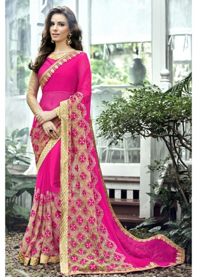 Magenta Colored Border Worked Chiffon Festive Saree 96073