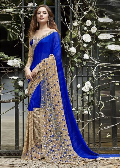 Blue Colored Embroidered Faux Georgette Festive Saree 96074