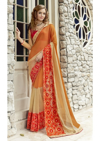 Orange Colored Border Worked Faux Georgette Festive Saree 96075