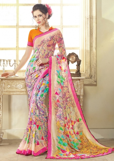 Multi Colored Printed Faux Georgette Saree 75046