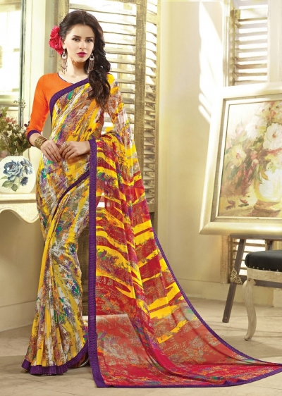 Multi Colored Printed Faux Georgette Saree 75048