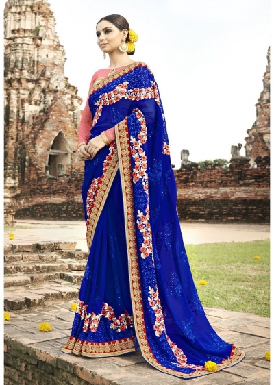 Blue Colored Embroidered Faux Georgette Wedding Saree 87078