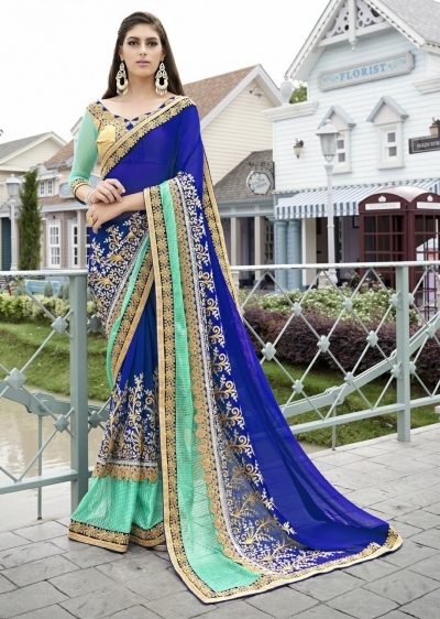 Blue Colored Embroidered Faux Georgette Festive Saree 87085