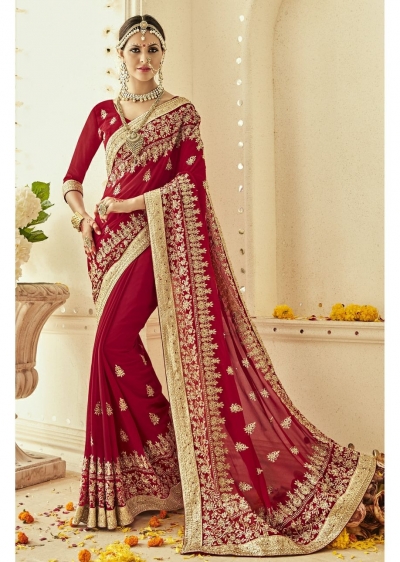 Red Faux Georgette Embroidered Bridal Saree 1201