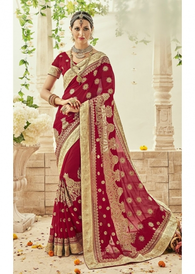 Red Faux Georgette Embroidered Bridal Saree 1202