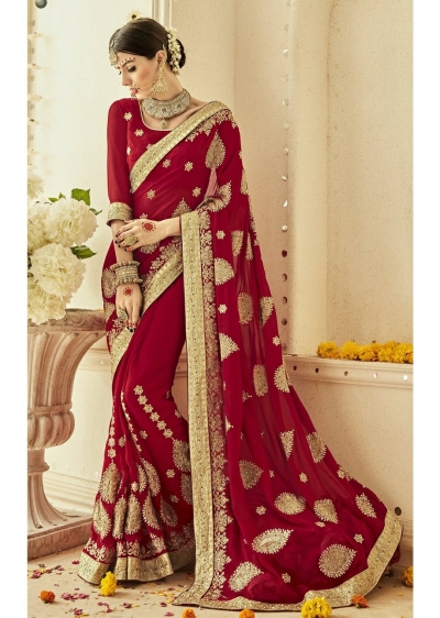 Red Faux Georgette Embroidered Bridal Saree 1203