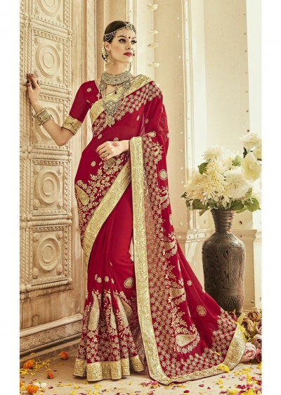Red Faux Georgette Embroidered Bridal Saree 1204