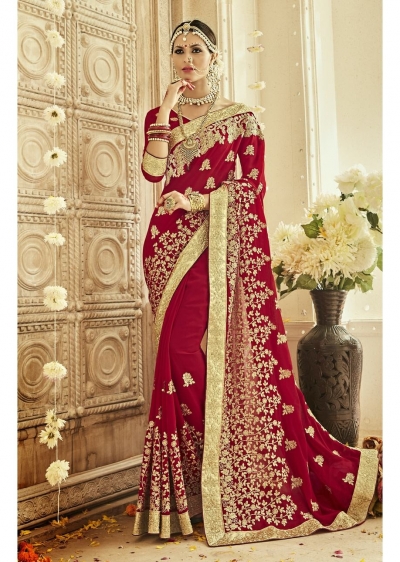 Red Faux Georgette Embroidered Bridal Saree 1205