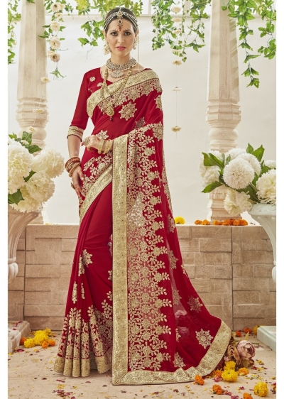 Red Faux Georgette Embroidered Bridal Saree 1208