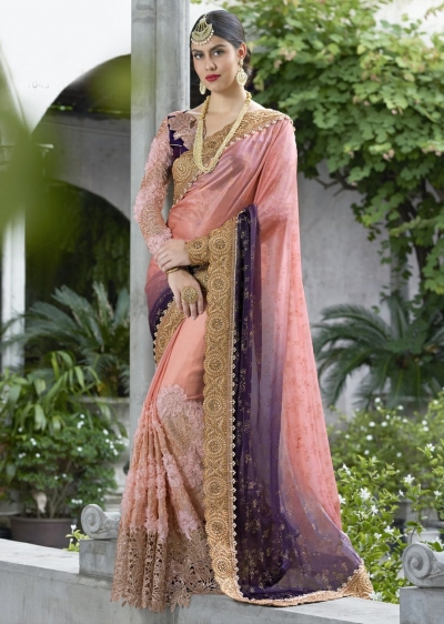 Peach Colored Border Worked Satin Chiffon Wedding Saree 1043