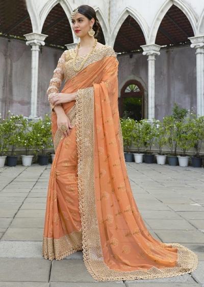 Peach Colored Border Worked Shimmer Wedding Saree 1044