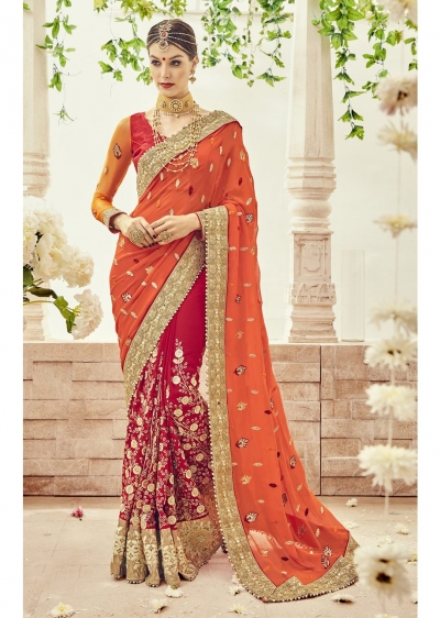 Red Faux Georgette Embroidered Bridal Saree 1101