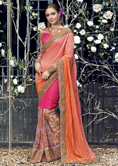 Pink Colored Embroidered Satin Chiffon Net Wedding Saree 1030