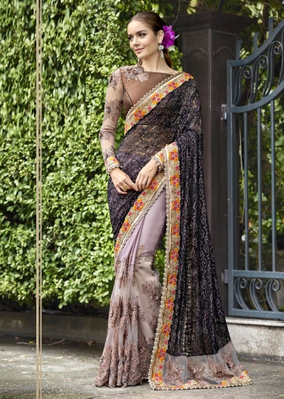 Grey Satin Traditional Embroidered Saree 1031