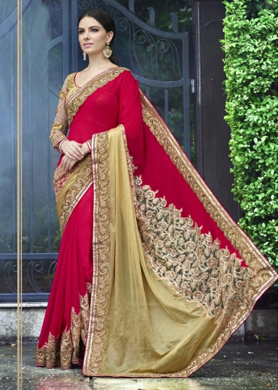 Pink Colored Embroidered Chiffon Net Partywear Saree 1032