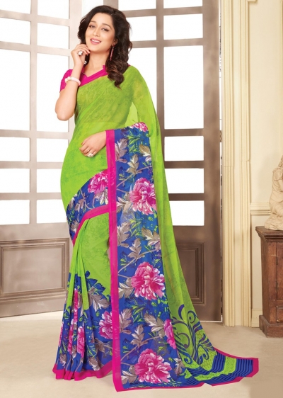 Green Colored Printed Faux Georgette Saree 89002