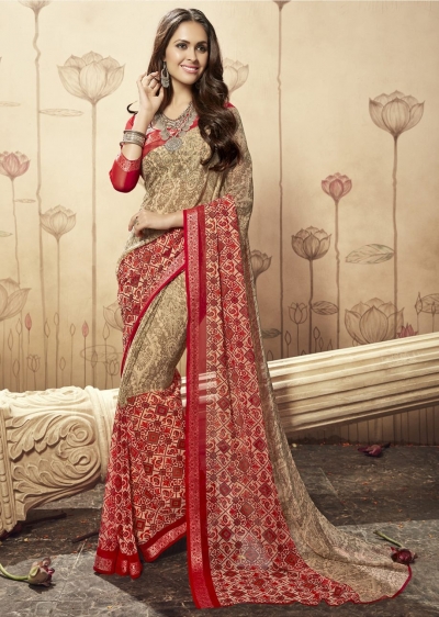 Beige Colored Printed Faux Georgette Saree 1609