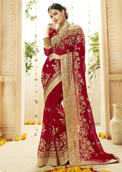 Red Faux Georgette Embroidered Bridal Saree 1209
