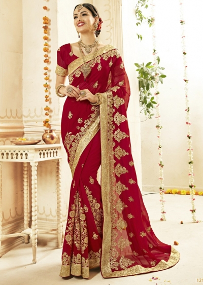 Red Faux Georgette Embroidered Bridal Saree 1210