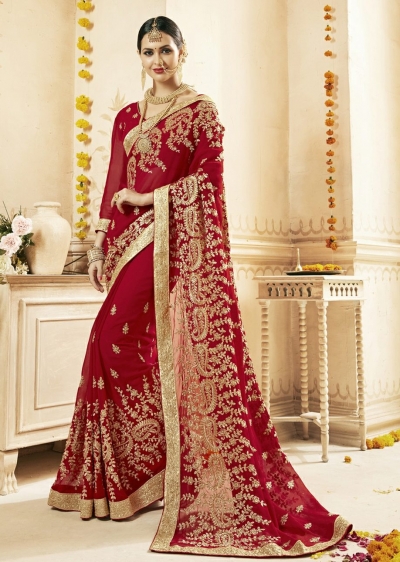 Red Faux Georgette Embroidered Bridal Saree 1211