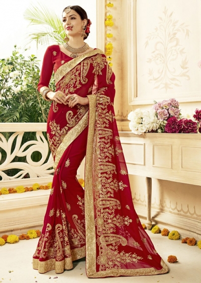 Red Faux Georgette Embroidered Bridal Saree 1214
