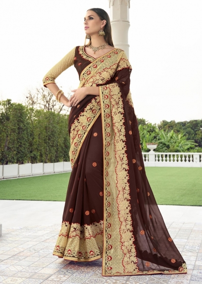 Brown Colored Embroidered Faux Georgette Net Festive Saree 1402