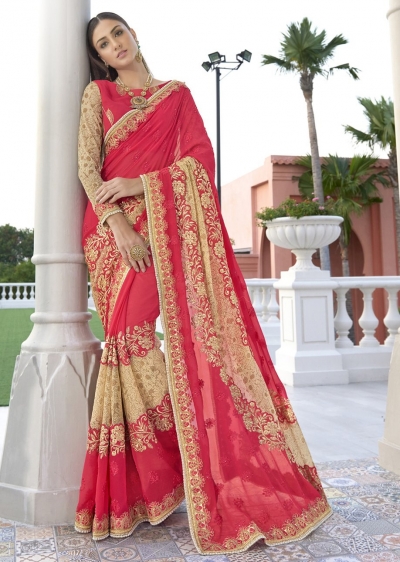 Pink Colored Embroidered Georgette Chiffon Net Festive Saree 1403