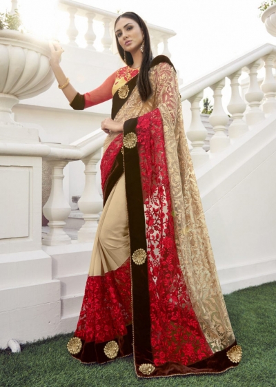 Beige Georgette Chiffon Traditional Embroidered Saree 1404