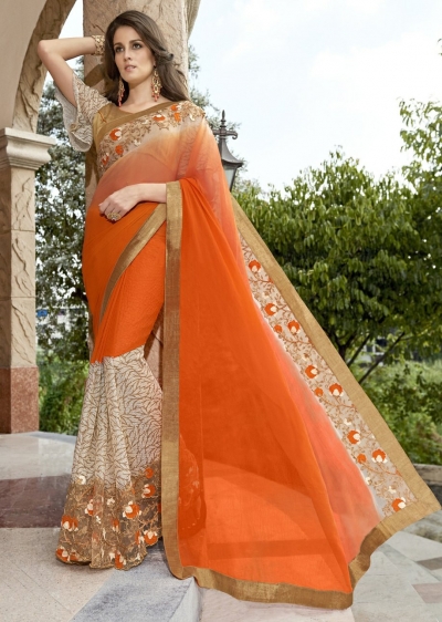 Orange Colored Embroidered Chiffon Georgette Net Festive Saree 97068