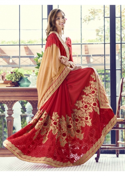 Red Colored Embroidered Faux Georgette Partywear Half n Half Saree 1503