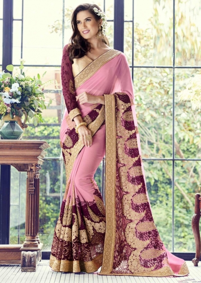 Pink Colored Embroidered Faux Georgette Partywear Saree 1504