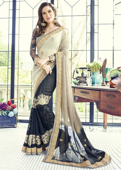 Black Faux Georgette Half n Half Embroidered Saree 1507