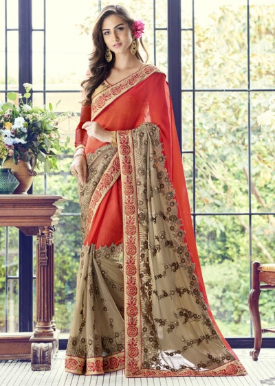 Red Colored Embroidered Faux Georgette Partywear Saree 1508
