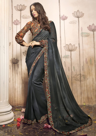 Grey Colored Printed Faux Georgette Saree 31026 