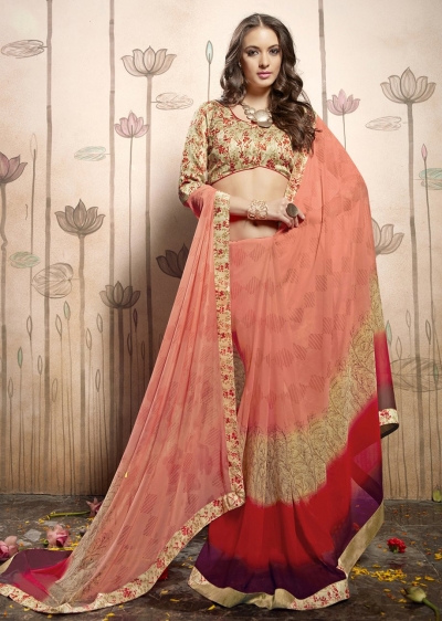 Peach Colored Printed Faux Georgette Saree 31027 