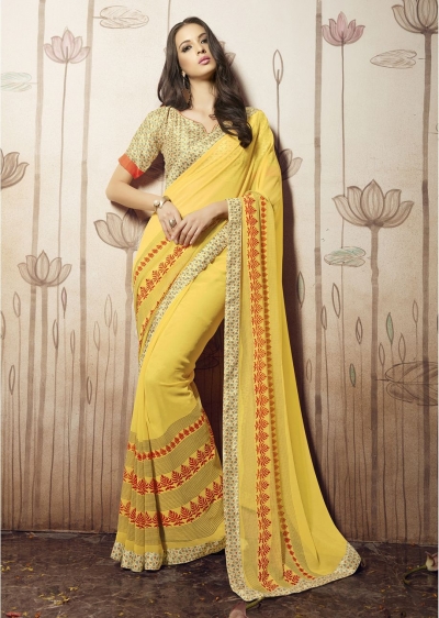 Yellow Colored Printed Faux Georgette Saree 31032 
