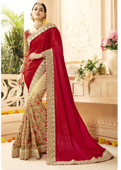 Beige Georgette Art Silk Embroidered Bridal Saree 1112