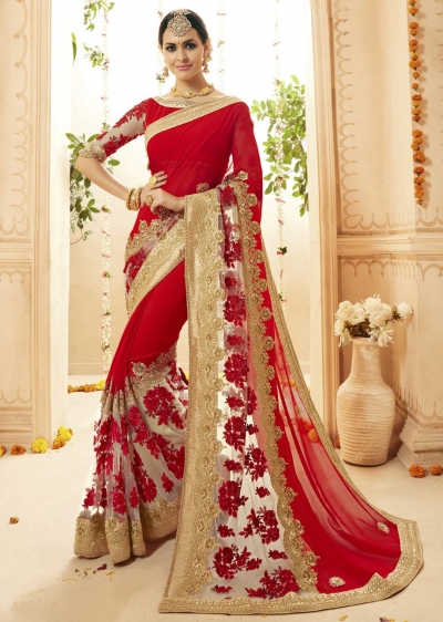 Red Georgette Net Embroidered Bridal Saree 1115