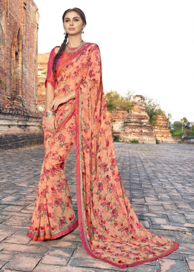 Orange Colored Printed Faux Georgette Saree 2009