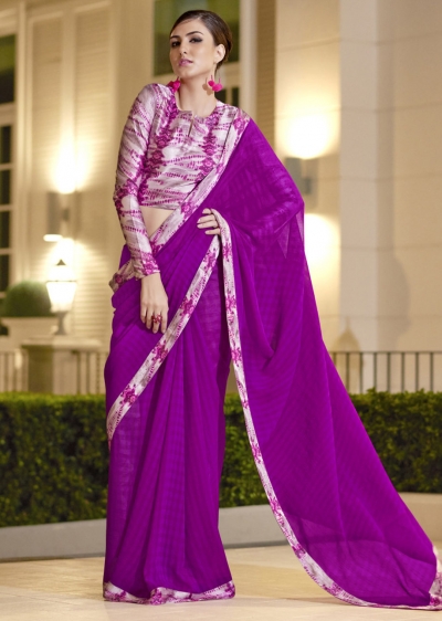 Purple Chiffon Border Worked Saree 1017