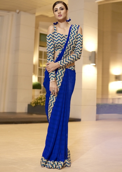 Blue Chiffon Border Worked Saree 1020