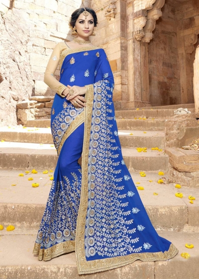 Blue Colored Embroidered Faux Georgette Festive Saree 87092